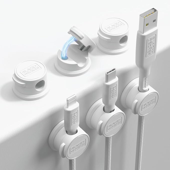 BLACK+DECKER Magnetic Cord Organizer Holder, 6 Pack Magnetic Cable Clips, Under Desk Cable Management, Strong Adhesive Cord Holder for Nightstand Kitchen Appliances Car Wall Office (White)