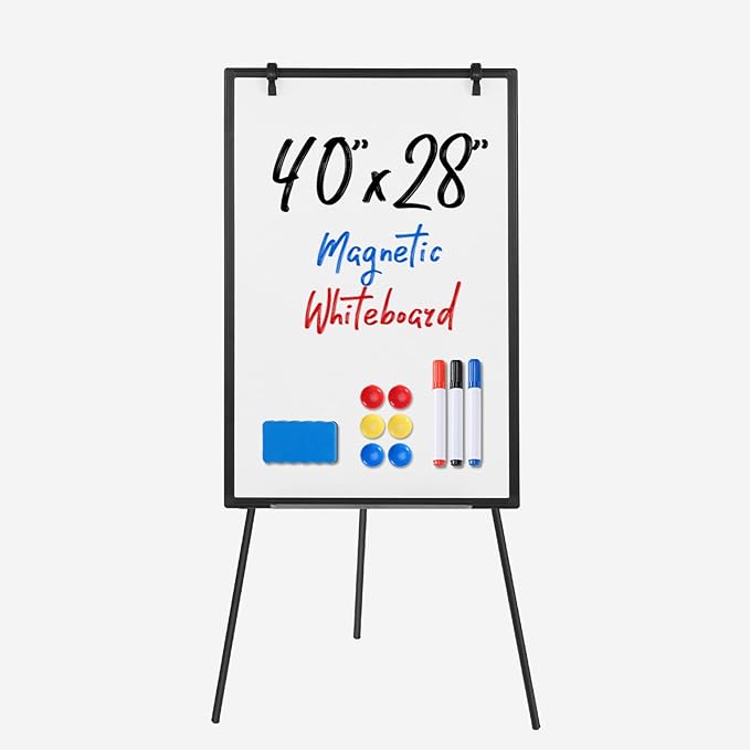 DUMOS White Board Easel 40 x 28 Inches, Magnetic White Board Dry Erase, Porbable Boards Height Adjustable, Dry Erase Board with Stand for School, Office and Home, Silver Aluminium Frame, Black