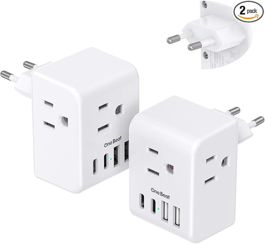 2 Pack European Travel Plug Adapter, International Power Plug Adapter with 3 Outlets 4 USB Charging Ports (2 USB C), Type C Plug Adapter Travel Essentials for Most Europe, EU, Spain, Italy, France, Germany
