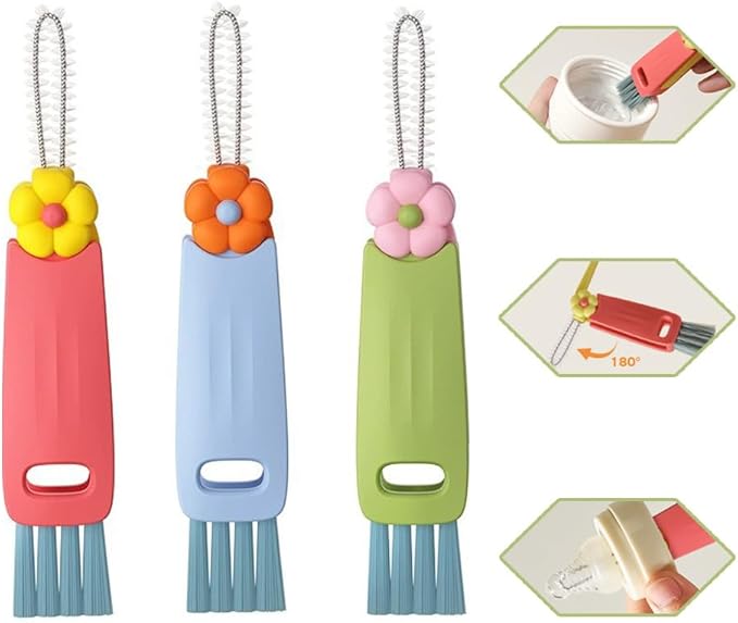 3 in 1 Cup Lid Cleaning Brush, 3PCS Multifunctional Cup Lid Cleaning Brushes with Scraper, Crevice, Angled Brush, for Coffee Mugs, Water Bottles, Tumblers (3)
