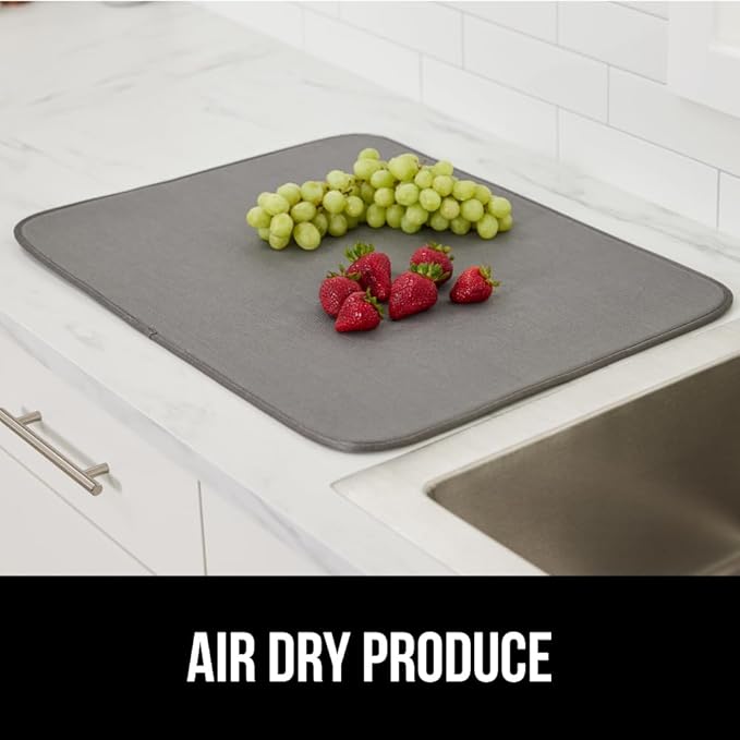 GORILLA GRIP Ultra Water Absorbent Microfiber Dish Drying Mat, 18x32, Quick Dry Thick Mesh, Slip Resistant Pad for Sink Dishes or Under Rack, Kitchen Counter Accessories, Machine Wash Mats, Gray