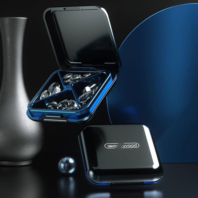 Black 4-Compartment Waterproof Pill Box Organizer - Travel Portable Medicine Box, BPA Free Pill Container for Vitamins, Fish Oils, Supplements