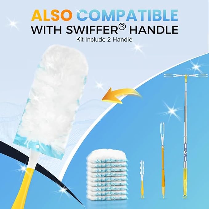 Bisenkud Duster Kit for Swiffer® Duster Refill: 50 Heavy Duty Refills + 2 Handles | 3X Grip & Static Tech | Car, Furniture & Electronics Dry Cleaning
