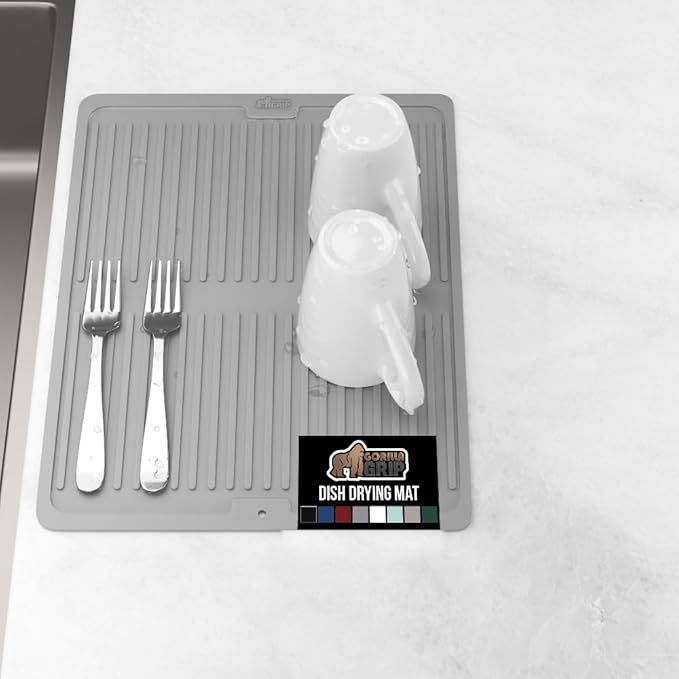 GORILLA GRIP 100% BPA-Free Patented Silicone Dish Drying Mat for Kitchen Counter, Water Catching Ribbed Design, Easy Clean Waterproof Sink Liner, Heat Resistant, Fits Under Rack, 11x13 Inch, Gray