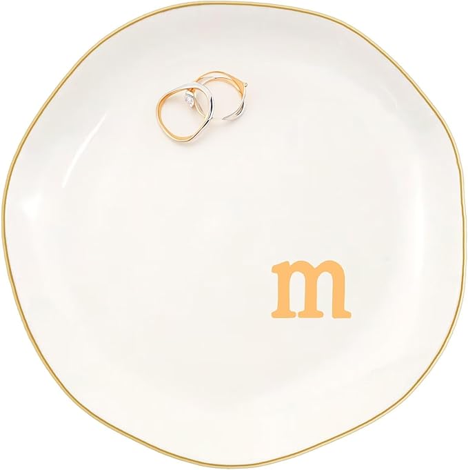 Ceramic Jewelry Dish with Personalized Monogram, White Decorative Ring Trinket Tray, Engagement Wedding Gift for Women Mom Friend, Letter m