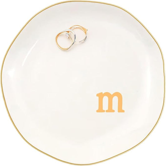 Ceramic Jewelry Dish with Personalized Monogram, White Decorative Ring Trinket Tray, Engagement Wedding Gift for Women Mom Friend, Letter m