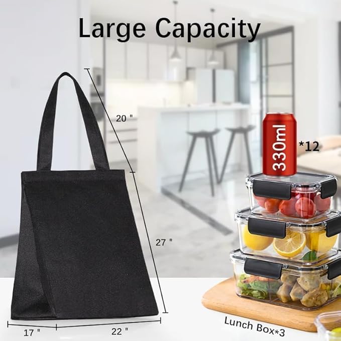 iknoe Insulated Lunch Bag for Women & Adults, 9L Foldable Wide-Open Cooler Bag with Pockets, Leakproof & Portable, for Picnic, Office, Beach (PureBlack)