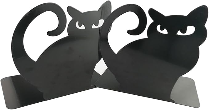 Winterworm Cute Vivid Lovely Persian Cat Nonskid Thickening Iron Metal Bookends Book Organizer for Library School Office Home Study Desk Organizer (Black)