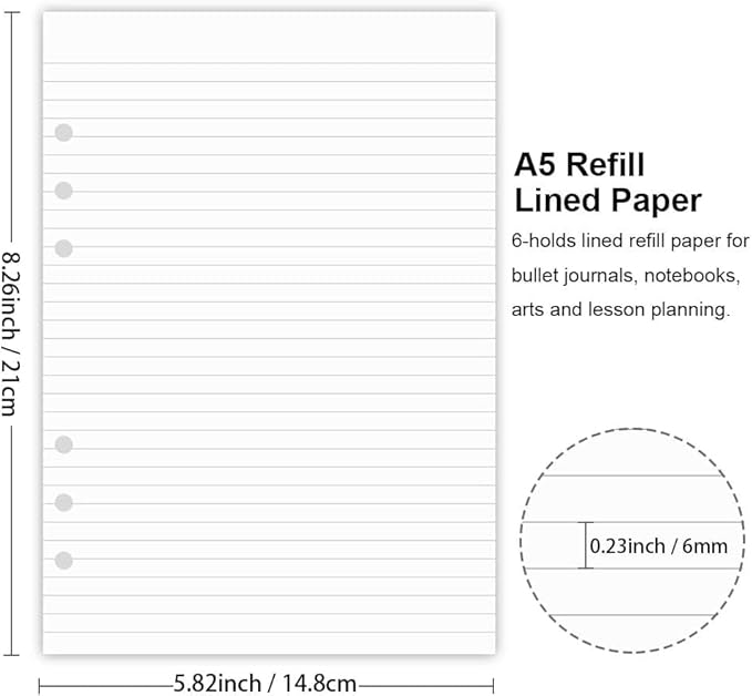 (5 Pack) A5 Lined Refills Paper for Filofax Planner/Binders/Organizer, 6 Hole Punched, Total 500 Sheets/1000 Pages, 100gsm, White, 5.8 x 8.2 Inch Filler Paper