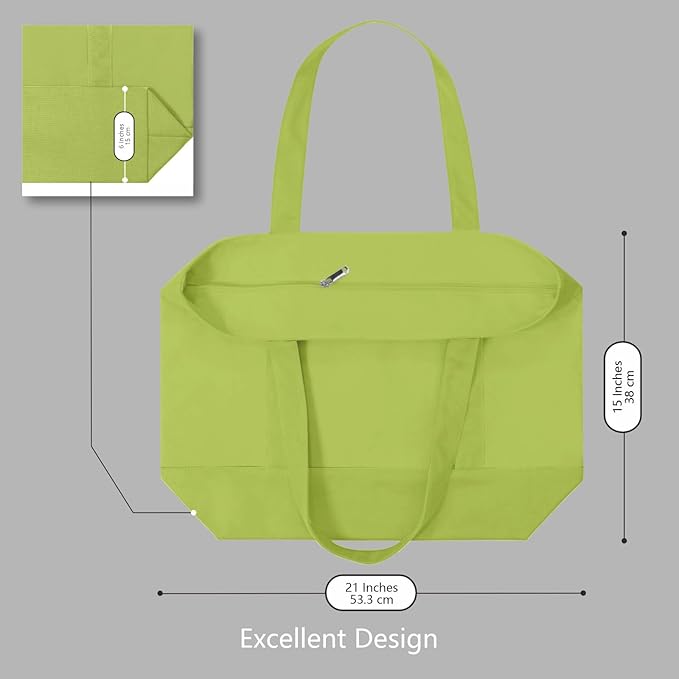 TOPDesign 3-Pack Canvas Tote Bags with an External Pocket, Reusable Grocery Shopping Bags, Top Zipper Closure, Daily Essentials (Light Green)