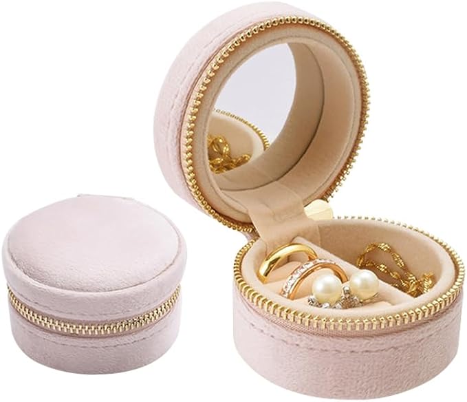 Travel Ring Box with Mirror, Velvet Lined Jewelry Organizer for Women - Mini Portable Case for Engagement, Wedding Band, Earrings,Necklaces | Bridesmaid Proposal Gift (Pink)
