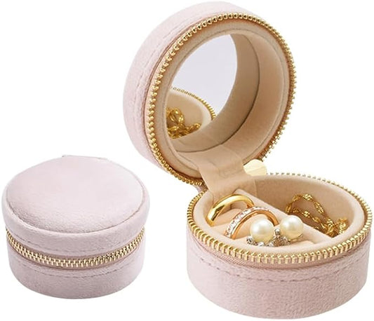 Travel Ring Box with Mirror, Velvet Lined Jewelry Organizer for Women - Mini Portable Case for Engagement, Wedding Band, Earrings,Necklaces | Bridesmaid Proposal Gift (Pink)