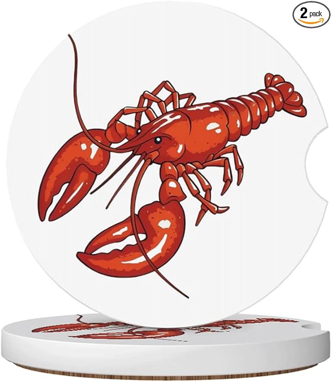 Car Cup Holder Coasters, 2 Pcs Ceramic Coasters with Cork Back and Finger Slot, Anti-Slip Shock Absorbing Women and Men Universal Car Accessories - Tiny Lobster