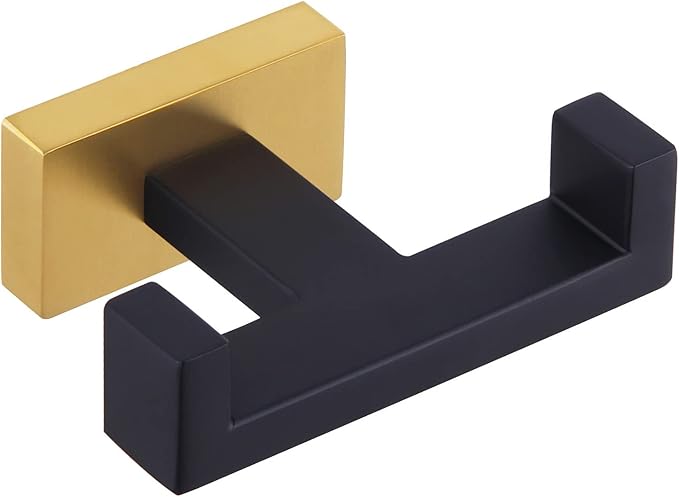 APLusee Black Gold Double Towel Hook, Heavy Duty Stainless Steel Robe Hook for Bathrooms, Wall Mounted
