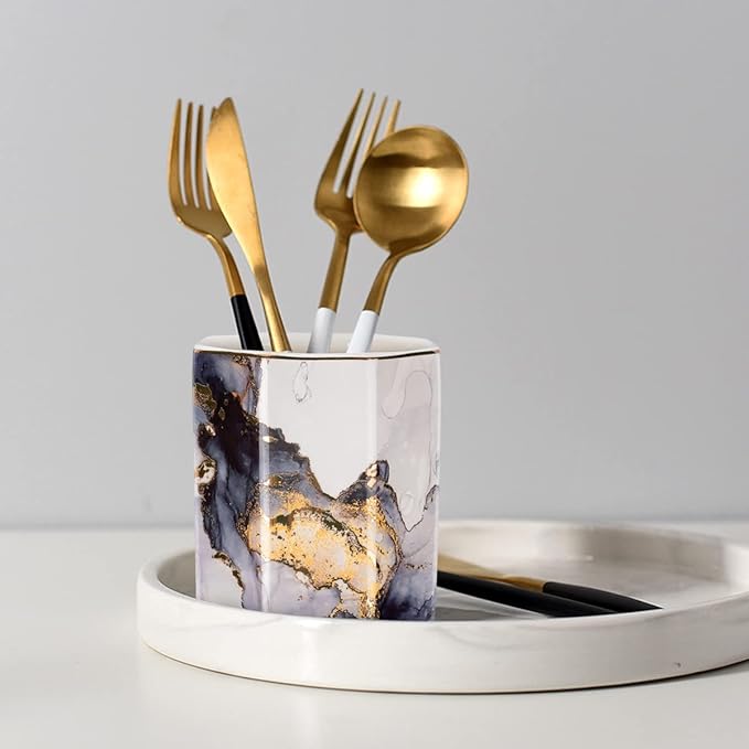 WAVEYU Ceramic Pen Holder for Desk Cute, Pencil Cup Pot Desk Organizer, Makeup Brush Holder for Women, Men, Kids, Desk Marble Decor for Office, Classroom, Home, Gray Golden
