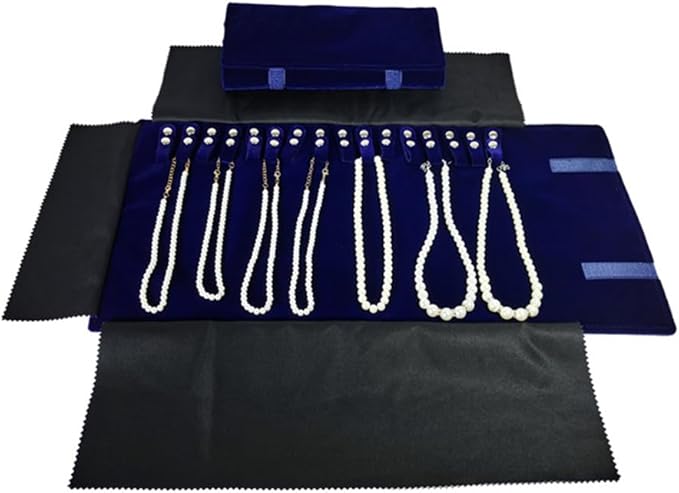 Velet Travel Jewelry Case Roll Bag Organizer for Necklace Bracelet Black Gray Velvet (Blue)