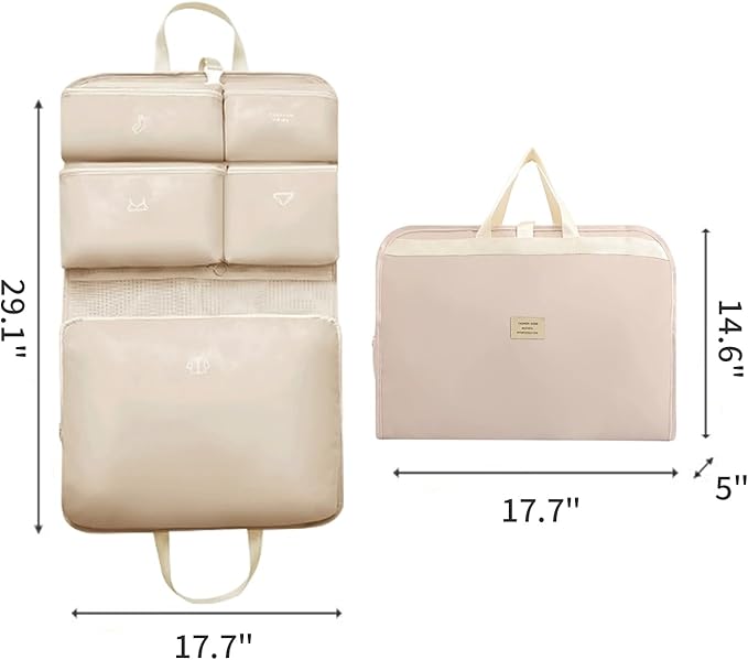 7-in-1 Travel Storage Bag, Foldable Hanging Packing Cube with Compartments for Clothes, Beige