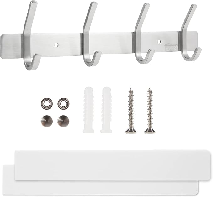 Coat Rack Wall Mounted,Stainless Steel Silver Towel Racks with 4 Hooks for Bathroom Kitchen Bedroom Door