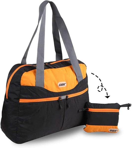 GOX Large Foldable Travel Duffel Bag, Packable Tote Bag, Carry-on Luggage, Weekender Overnight Bag, Lightweight (Black&Orange)