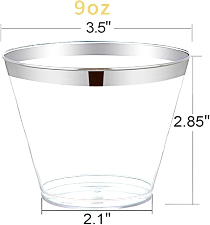 Hioasis 100Pcs 9OZ Clear Plastic Cups with silver Trim - Plastic Disposable Cups, Heavy Duty & BPA-free for Party, Wedding, Celebrations