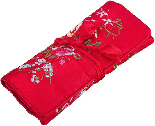 TUMBEELLUWA Embroidery Travel Jewelry Bag Roll Embroidered Flower and Bird Brocade Organizer with Tie Close