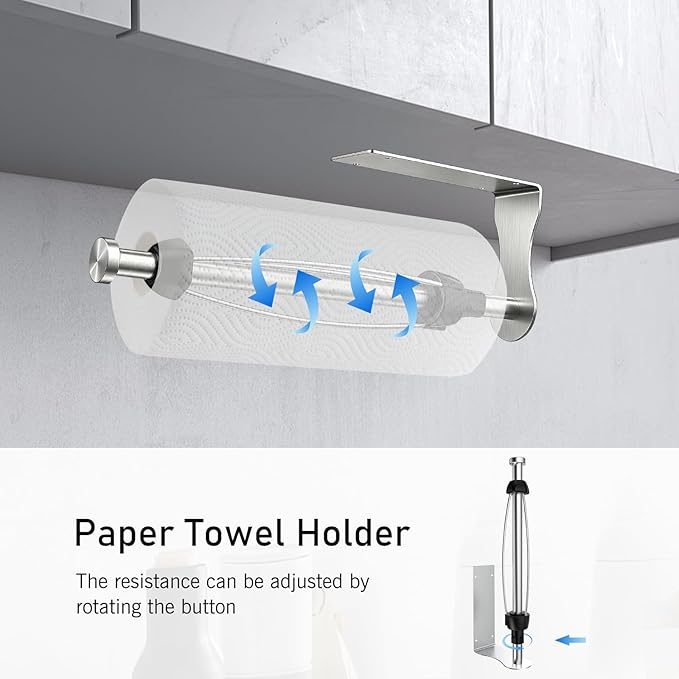 SetSail Paper Towel Holder, Paper Towel Holder Under Cabinet with Adjustable Damper Easy Tear Wall Mount Self-Adhesive or Drilled for Kitchen Bathroom, Silver