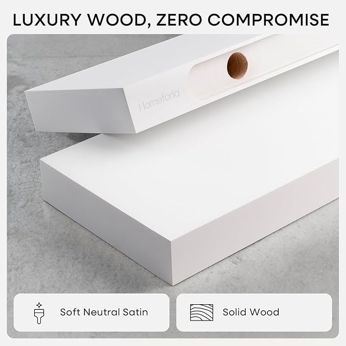 Homeforia White Floating Shelves 36 inch, High End Solid Real Wood 36inch Floating Shelf for Wall Mounted, White Wooden 36in Long Floating Shelves, Heavy Duty Bracket, 36 X 6.5 X 1.75 inches, Set of 4