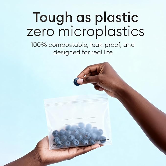Vove Compostable Storage Bag Bundle, 140 Count Multi-Size S/M/L/XL – Freezer Safe, Resealable, Non Toxic Bags for Food, Meal Prep & Snacks, Plastic-Free Eco Bags