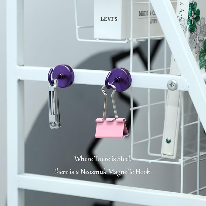Neosmuk Magnetic Hooks, Heavy Duty Earth Magnets with Hooks for Refrigerator, Extra Strong Cruise Hooks for Hanging, Magnetic Hangers for Curtains, Grills (Purple, 6 Pack)