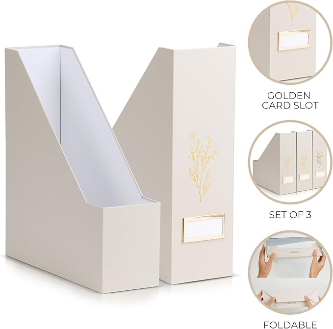 Beautiful Magazine Holder Set of 3 - Sturdy File Holder to Organize Your Desk Or Shelves - The Perfect Office Storage to Effortlessly Organize Your Paperwork/Files, Magazines, Books Or Binders