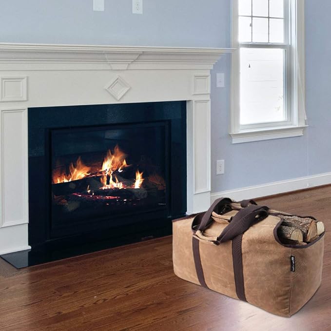 Waxed Canvas Log Carrier Tote Bag, Extra Large Durable Firewood Holder with Handles and Shoulder Strap, Heavy Duty Wood Carrying Bag for Fireplaces & Wood Stoves Khaki