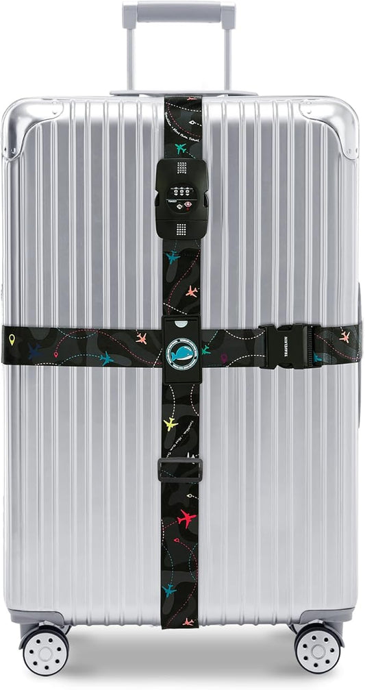 Travelkin Luggage Straps TSA Approved - Adjustable Cross Suitcase Straps with TSA Lock, Reinforced Buckle, Unique Pattern - Secure Heavy Duty Luggage Straps for Travel (Air Line Black)