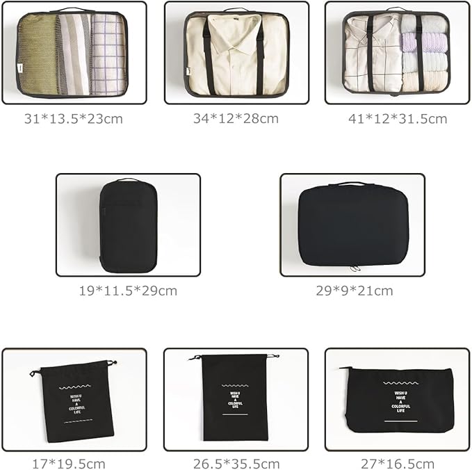 8 Set Packing Cubes for Suitcases Travel Luggage Packing Organizers, Travel Essentials Accessories Luggage Organizer with Shoe Bag Toiletry/Laundry Bag (Black)