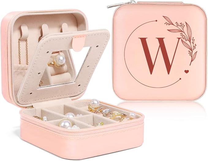 SANDJEST Personalized Jewelry Box, Pink Small Travel Jewelry Box with Initial W, Monogrammed Jewelry Case Organizer for Girls Women Teen, Mini Travel Essentials Gifts for Christmas Birthday
