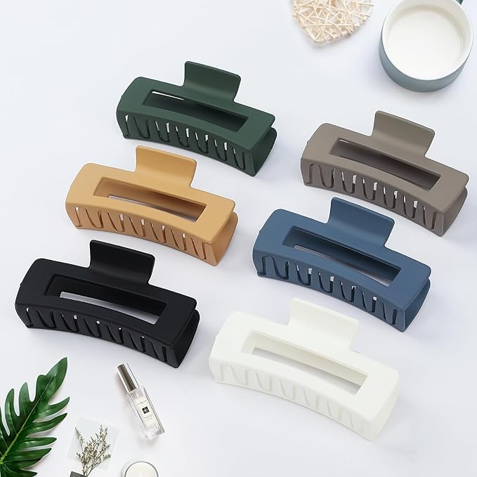 4 Inch Big Hair Claw Clips 6 Pcs Large Claw for Thick Hair Square Hair Clips for Women Rectangle Hair Clips Nonslip Acrylic Banana Jaw Clips Hair Accessories for Girls (Neutral)