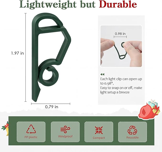 MEILIDY Christmas Light Clips, Weatherproof Plastic Gutter Clips for Hanging Outdoor Holiday Seasonal String Lights, Green, 100 Pcs