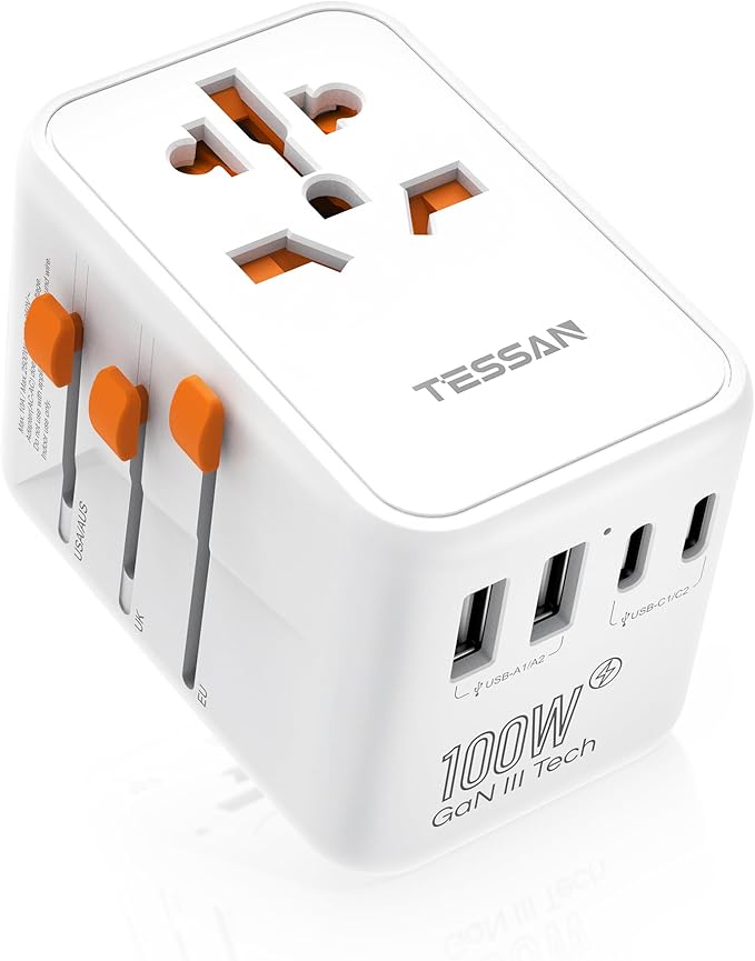TESSAN Universal Travel Adapter 100W GaN, International Power Adapter with 5 USB (3 USB C) Charging Ports, Worldwide Outlet for US to European Europe UK AUS Ireland (Type C/G/A/I)