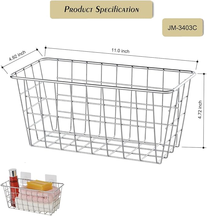 2 Pack Hanging Storage Basket, Bathroom Basket, Household Goods, with Traceless Tape, no Drilling, for Cabinet Storage, Kitchen, Bathroom, Storage Room,Chrome
