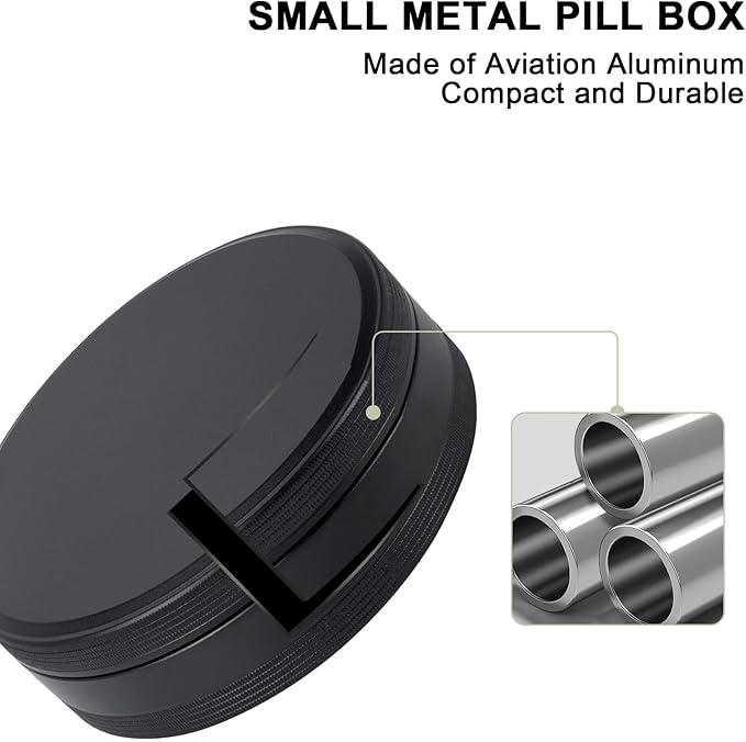 Daily Pill Organizer 4 Compartments - Metal Small Pill Case Waterproof, Travel Pill Box for Purse, Compact Medicine Container Pill Dispensers Holder for Vitamin, Fish Oil, Supplement (Black)