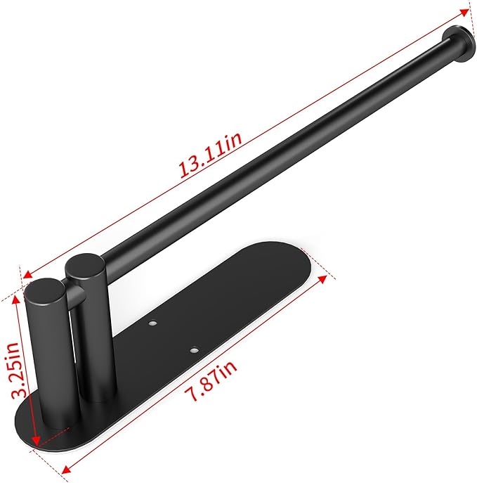 Paper Towel Holder Under Cabinet, Upgraded Dual-Rod Adhesive Paper Towel Holder with Longer Base, Stainless Steel Wall Mounted Holder for Kitchen Towels, No Drill, Black