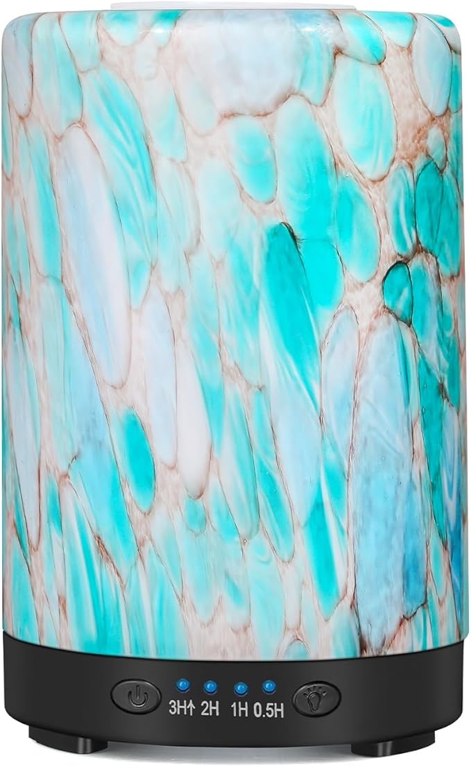 Essential Oil Diffuser, 120 ml Glass Aromatherapy Diffuser with 7 Color Lights, Auto Shut-Off and 4 Timer Settings, Ultrasonic Cool Mist Diffuser for Home Room Office (Blue Mountain)