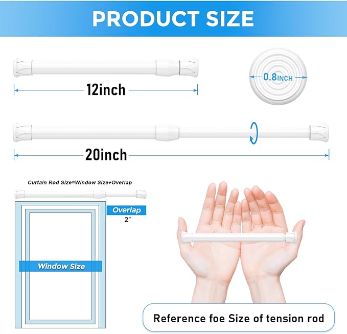6 Pack Small Tension Rod 12 to 19 Inch Adjustable Tension Curtain Rod Mini Closet Spring Rod No Drilling Short Tension Rods for Windows, Cupboard, Kitchen Cabinets, White