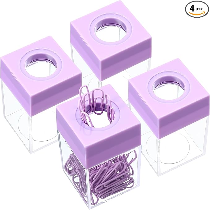 Outus 4 Pieces Magnetic Paper Clip Dispenser Holder Paperclip Dispenser for Desk, School, Office (Purple)