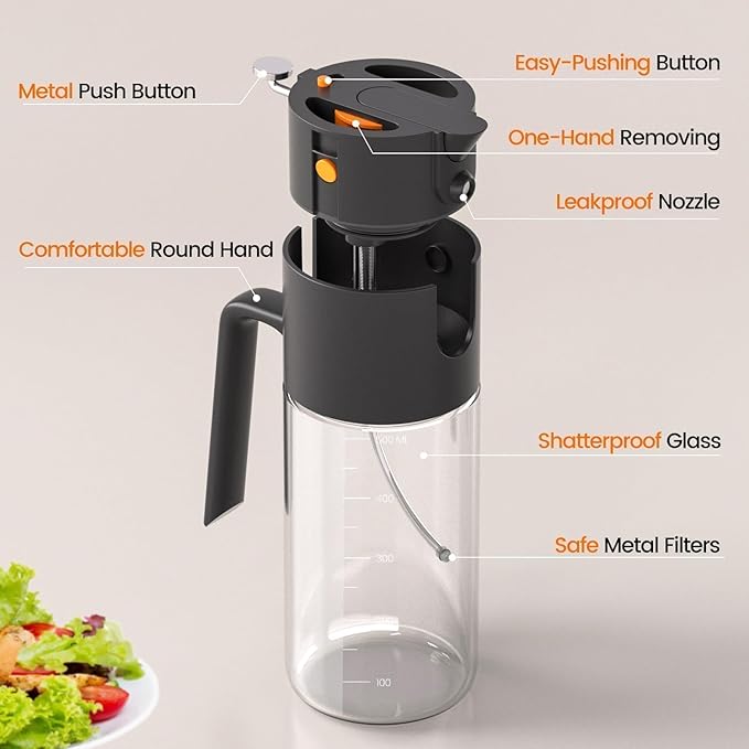 2 in 1 500ml/17oz Oil Sprayer for Cooking, 2026 Large Advanced Glass Olive Oil Dispenser Bottle w/stickers, Even Spray with Portion Control for Kitchen, Air Fryer, Salad, BBQ - Black