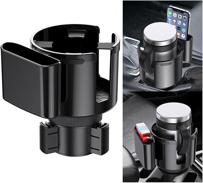 2-in-1 Car Cup Holder Expander with Phone Holder, 2.6“-3.93” Vehicle Cupholder Extender Adapter with Adjustable Base, Universal Multifunctional Auto Insert Drink Holder Expander