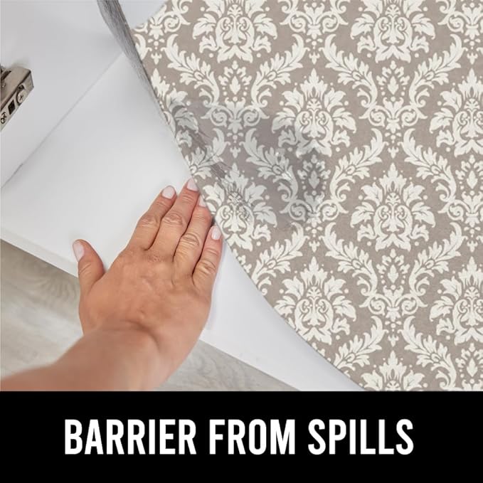 GORILLA GRIP LeakGuard Non-Adhesive Under Sink Mat for Kitchen Cabinet, Waterproof Quick Dry Shelf Liner, Durable Absorbent Felt Mats for Bathroom Sinks, Cabinets, Dresser, 24x30 Damask Taupe Cream