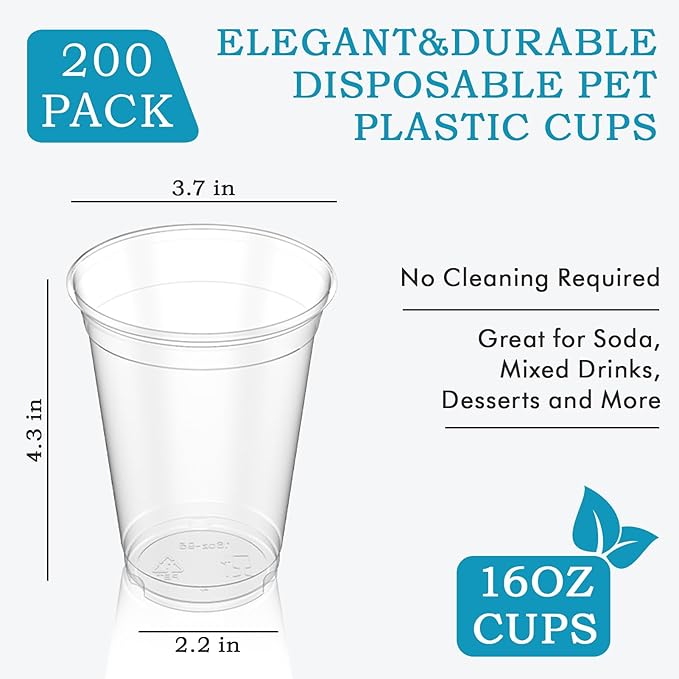 Turbo Bee 200Pack 16oz Disposable Plastic Cups,PET Crystal Plastic Water Party Cups,Clear Disposable Drinking Cups Ideal for Home, Office, Bars, Weddings,Anniversary, Parties