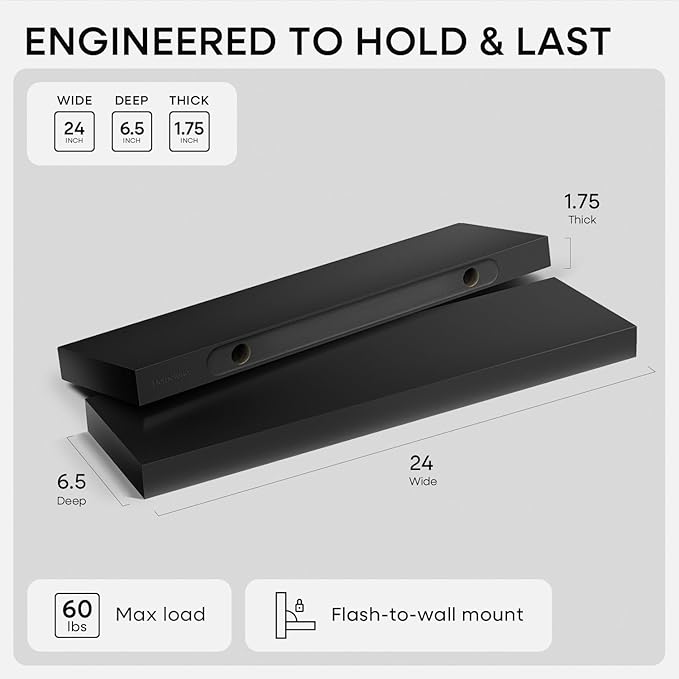 Homeforia Black Floating Shelves 24 inch, High-End Solid Real Wood 24-inch Bathroom Floating Shelf for Wall Mounting, Black Wooden 24-inch Floating Shelves, Heavy Duty Bracket, 24 x 6.5 x 1.75 in, Set of 2