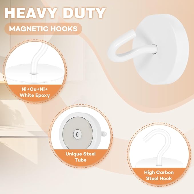 Neosmuk Magnetic Hooks, Cruise Ship Essentials, 120lb+ Heavy Duty Magnetic Hooks for Cruise Cabins, Refrigerator, Grill, Hanging, and Travel | Extra Strong Must-Haves Magnet Hook,White