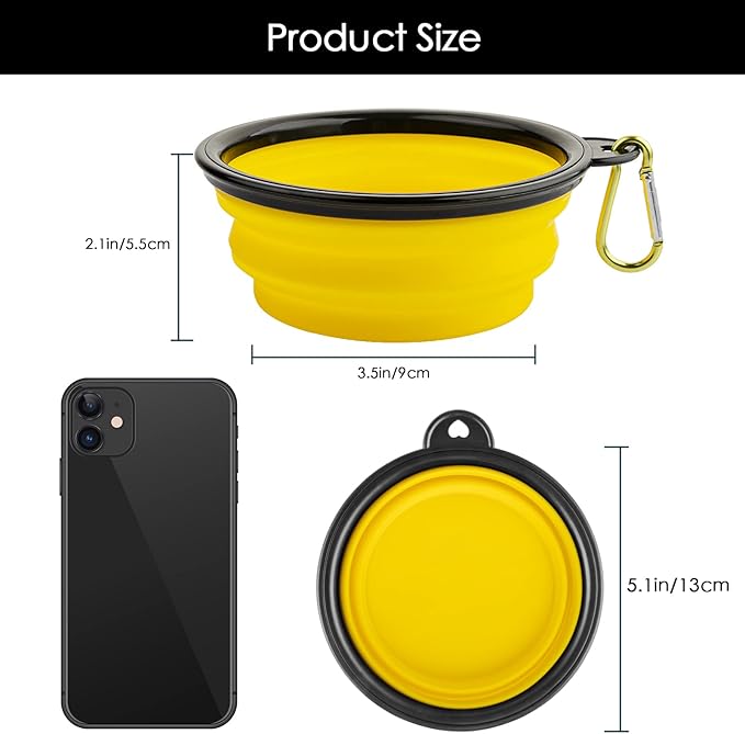 3 Collapsible Silicone Dog Bowl, Foldable Expandable Cup Dish for Small Pet Cat Food Water Feeding Portable Travel Bowl, Free Pet ID-Tag, Yellow Blue Black, S